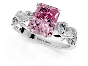 Leaf Engagement Ring Setting for Fancy Pink Princess Cut Center with Milgrain Accent Band and Prong Head in Sterling Silver