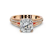 Solitaire Engagement Ring Setting for Cushion Cut Center with Pave Rail Split Shank and Prong Head in Rose Gold