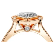 Halo Engagement Ring Setting for Heart-Shaped Center with Milgrain Pave Band and Bezel Head in Rose Gold