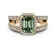 Halo Engagement Ring Setting for Fancy Green Emerald Cut Center with Wide-Open Pave Split Shank and Prong Head in Yellow Gold