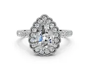 Milgrain Floral Halo Engagement Ring Setting for Pear-Shaped Center with Pave Band and Prong Head in Platinum