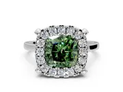 Single Halo Engagement Ring Setting for Fancy Green Cushion Cut Center with Corner Claws, Plain Band and Prong Head in Sterling Silver