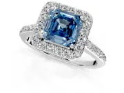 Halo Engagement Ring Setting for Fancy Blue Asscher Cut Center with Pave Accents, Heart Basket and Prong Head in Platinum