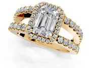 Halo Engagement Ring Setting for Emerald Cut Center with Wide-Open Pave Split Shank and Prong Head in Yellow Gold