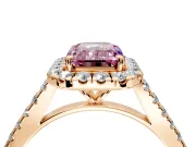 Halo Engagement Ring Setting for Fancy Pink Emerald Cut Center with Narrowing Pave Band and Prong Head in Rose Gold
