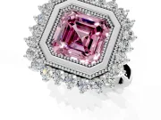 Halo Engagement Ring Setting for Fancy Pink Asscher Cut Center with Milgrain Bezel Rim, Plain Band and Prong Head in White Gold