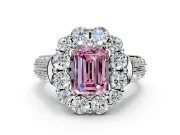 Large Accent Halo Engagement Ring Setting for Fancy Pink Emerald Cut Center with Pave Split Shank and Prong Head in Sterling Silver