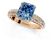 Solitaire Engagement Ring Setting for Fancy Blue Radiant Cut Center with Multi-Row Pave Accents and Basket Head in Rose Gold