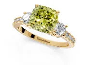 3 Stone Engagement Ring Setting for Fancy Yellow Cushion Cut Center with Round Cut Side Accents and Prong Head in Yellow Gold