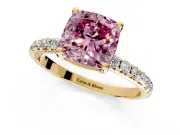 Solitaire Engagement Ring Setting for Fancy Pink Cushion Cut Center with Micro Pave Band and Prong Head in Yellow Gold