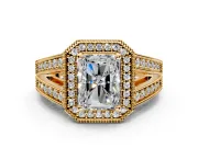 Halo Engagement Ring Setting for Radiant Cut Center with Milgrain Split Shank and Prong Head in Yellow Gold