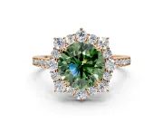 Halo Engagement Ring Setting for Fancy Green Round Cut Center with Single-Row Pave, Open Basket and Prong Head in Rose Gold