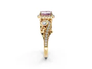 Milgrain Halo Engagement Ring Setting for Fancy Pink Princess Cut Center with Shoulder Bezels and Prong Head in Yellow Gold