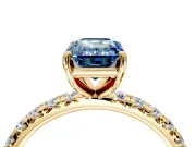 Solitaire Engagement Ring Setting for Fancy Blue Emerald Cut Center with Shared-Prong Accents and Prong Head in Yellow Gold