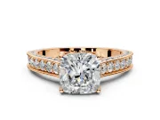 Solitaire Engagement Ring Setting for Cushion Cut Center with Milgrain-Framed Pave Band and Prong Head in Rose Gold