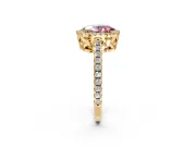 Accent Halo Engagement Ring Setting for Fancy Pink Oval Center with Full-Length Pave Band and Prong Head in Yellow Gold