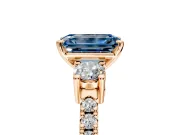 3 Stone Engagement Ring Setting for Fancy Blue Emerald Cut Center with Round Cut Side Accents and Prong Head in Rose Gold
