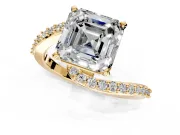 Solitaire Engagement Ring Setting for Asscher Cut Center with Pave Bypass Swirl Band and Prong Head in Yellow Gold
