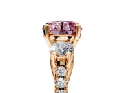 3 Stone Engagement Ring Setting for Fancy Pink Round Cut Center with Crossover Basket, Pave Band and Prong Head in Rose Gold