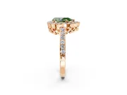 Halo Engagement Ring Setting for Fancy Green Pear-Shaped Center with Heart-Shaped Openwork, Pave Band and Prong Head in Rose Gold