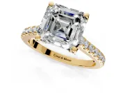 Solitaire Engagement Ring Setting for Asscher Cut Center with Widening Pave Band and Claw Prong Head in Yellow Gold