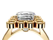 Cluster Halo Engagement Ring Setting for Asscher Cut Center with Milgrain Bezel Accents and Prong Head in Yellow Gold