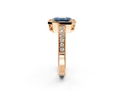 Milgrain Halo Engagement Ring Setting for Fancy Blue Emerald Cut Center with Wide Pave Band and Prong Head in Rose Gold