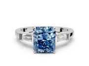 3 Stone Engagement Ring Setting for Fancy Blue Radiant Cut Center with Channel Baguette Accents and Prong Head in Platinum