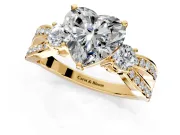 3 Stone Engagement Ring Setting for Heart-Shaped Center with Pave Twist Band and Prong Head in Yellow Gold