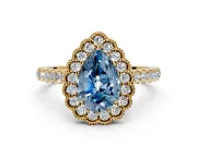 Milgrain Floral Halo Engagement Ring Setting for Fancy Blue Pear-Shaped Center with Pave Band and Prong Head in Yellow Gold