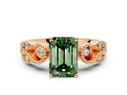 Leaf Engagement Ring Setting for Fancy Green Emerald Cut Center with Milgrain Accent Band and Prong Head in Rose Gold