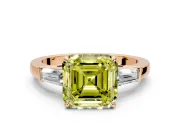 3 Stone Engagement Ring Setting for Fancy Yellow Asscher Cut Center with Baguette Accents and Prong Head in Rose Gold