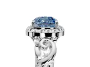 Halo Engagement Ring Setting for Fancy Blue Cushion Cut Center with Open Scroll Shoulders and Prong Head in Platinum