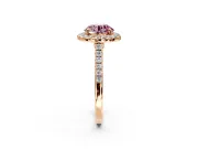 Halo Engagement Ring Setting for Fancy Pink Round Cut Center with Narrowing Pave Band and Prong Head in Rose Gold