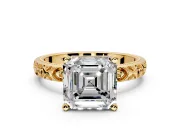 Solitaire Engagement Ring Setting for Asscher Cut Center with XO Engraved Band and Prong Head in Yellow Gold