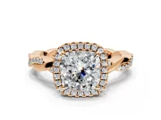 Halo Engagement Ring Setting for Cushion Cut Center with Pave and Plain Twist Band and Prong Head in Rose Gold