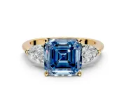3 Stone Engagement Ring Setting for Fancy Blue Asscher Cut Center with Large Pear-Shaped Accents and Prong Head in Yellow Gold