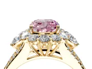 Halo Engagement Ring Setting for Fancy Pink Cushion Cut Center with Two-Strand Split Shank and Prong Head in Yellow Gold