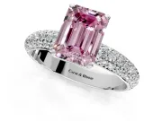 Solitaire Engagement Ring Setting for Fancy Pink Emerald Cut Center with Domed Multi-Row Pave Band and Prong Head in White Gold