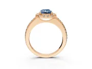 Pave Halo Engagement Ring Setting for Fancy Blue Radiant Cut Center with Single Row Pave Band and Prong Head in Rose Gold