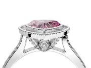 Halo Engagement Ring Setting for Fancy Pink Heart-Shaped Center with Milgrain Pave Band and Bezel Head in White Gold
