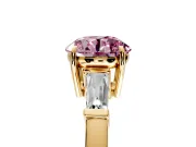 3 Stone Engagement Ring Setting for Fancy Pink Round Cut Center with Baguette Accents and Prong Head in Yellow Gold