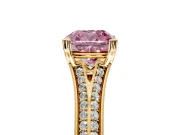 Solitaire Engagement Ring Setting for Fancy Pink Cushion Cut Center with Pave Rail Split Shank and Prong Head in Yellow Gold