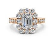Halo Engagement Ring Setting for Emerald Cut Center with Milgrain Channel Band and Prong Head in Rose Gold