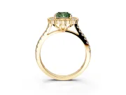 Milgrain Floral Halo Engagement Ring Setting for Fancy Green Cushion Cut Center with Pave Band and Prong Head in Yellow Gold