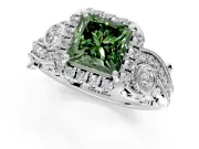 Milgrain Halo Engagement Ring Setting for Fancy Green Princess Cut Center with Shoulder Bezels and Prong Head in Sterling Silver