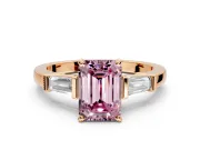 3 Stone Engagement Ring Setting for Fancy Pink Emerald Cut Center with Channel Baguette Accents and Prong Head in Rose Gold