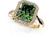 Halo Engagement Ring Setting for Fancy Green Radiant Cut Center with Twist Band and Prong Head in Yellow Gold