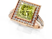 Halo Engagement Ring Setting for Fancy Yellow Princess Cut Center with Outer Bezel Rim, Pave Band and Prong Head in Rose Gold