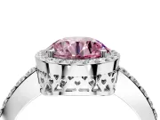 Halo Engagement Ring Setting for Fancy Pink Round Cut Center with Heart-Shaped Openwork, Pave Band and Prong Head in White Gold